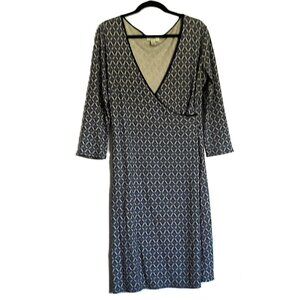 Ann Taylor LOFT Faux Wrap Midi Dress  3/4 Sleeve Stretch Blue Black Cream EUC 4